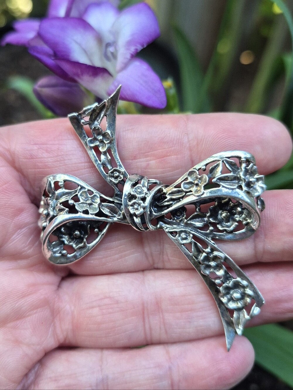 Vintage Danecraft Bow Ribbon Floral Flower Sterling Brooch Retro 1940s 20g 2.5"